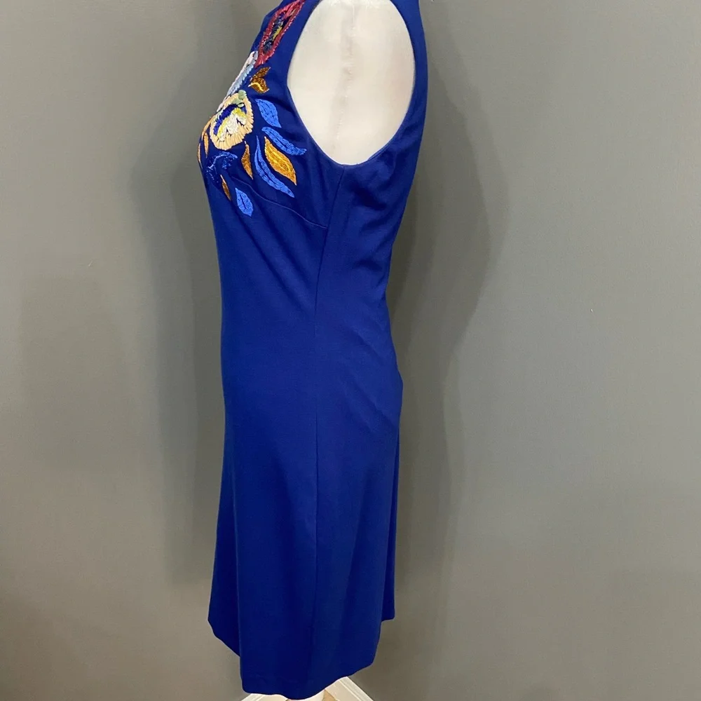 CYNTHIA STEFFE-Womens Blue Sheath Cocktail Dress 4 Floral Embellished Sleeveless - Picture 3 of 15